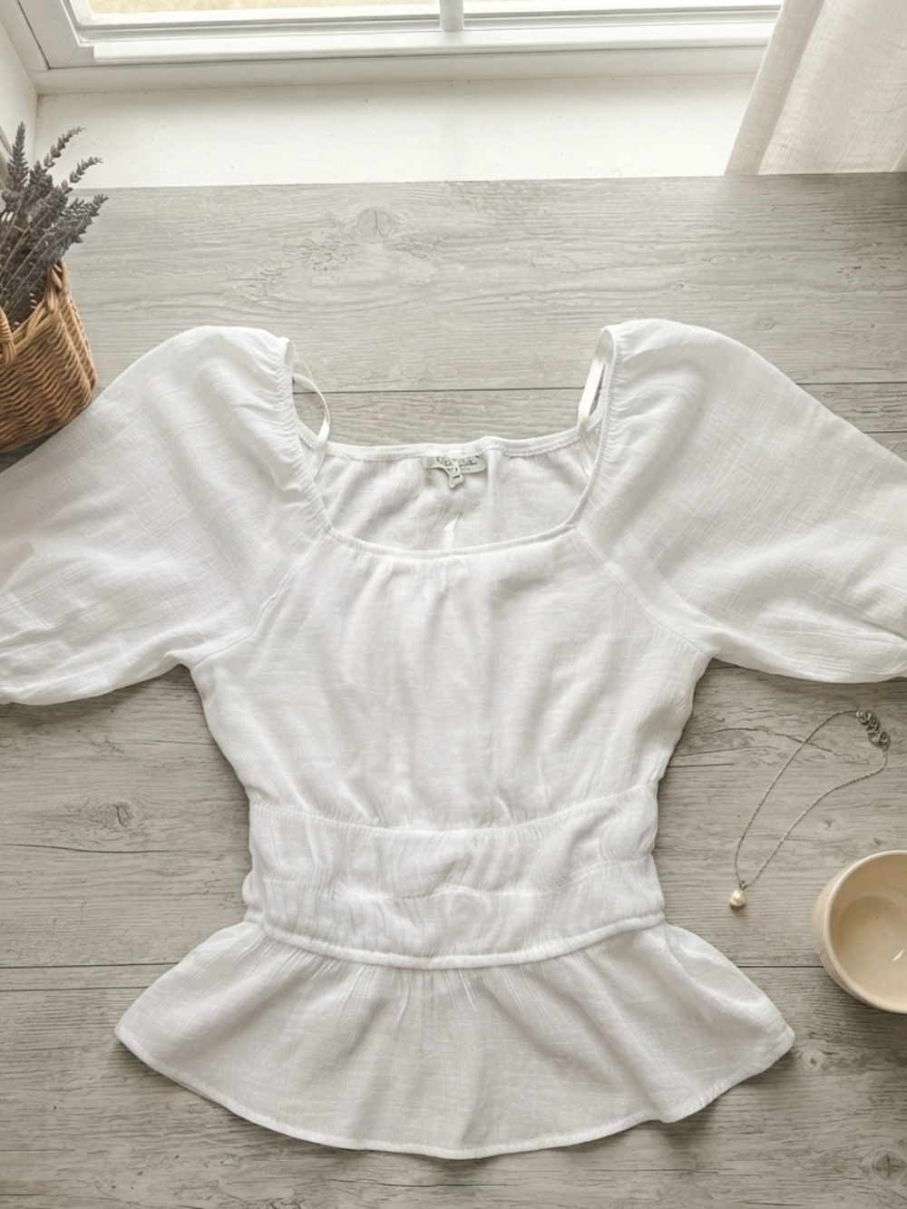 White Peplum Puff-Sleeve Blouse - Women